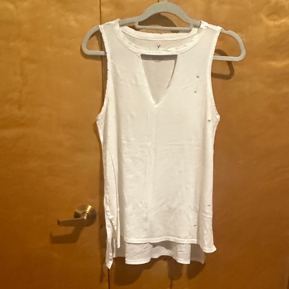 White Distressed Sleeveless V-Neck Women's Top